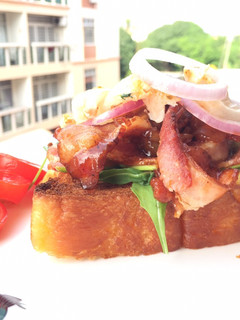 A picture of Bacon And Onion In BBQ Sauce Open Sandwich.