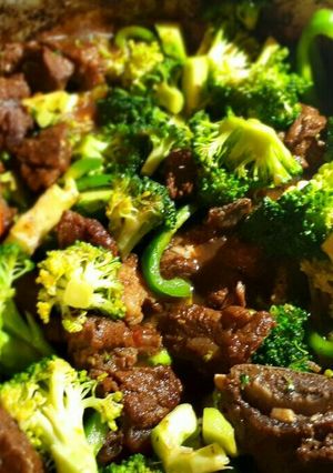 A picture of Broccoli with beef stew.