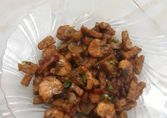 Tumis udang tempe pedas manis