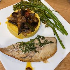 A picture of Wild Mushroom Ragu with Polenta and Oregano Oil.
