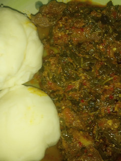 A picture of Pounded yam en egusi soup.