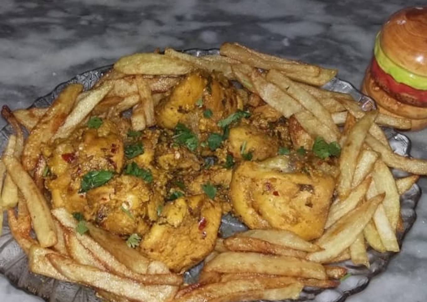 Chicken steem with french fries