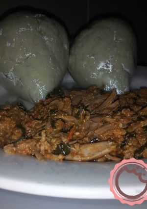 A picture of Pounded Yam and Egusi soup.