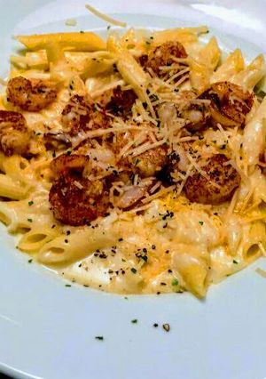 A picture of Cajun Shrimp Penne Pasta with Parmesan Cream Sauce.