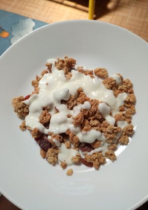 A picture of Granola in yoghurt.