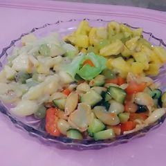 A picture of #Fruit, #Mayonnaise, #Macroni Salads.