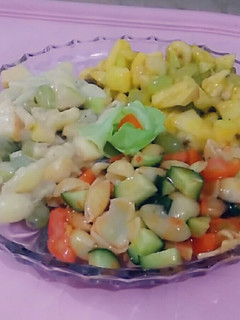 A picture of #Fruit, #Mayonnaise, #Macroni Salads.