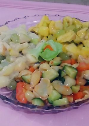 A picture of #Fruit, #Mayonnaise, #Macroni Salads.