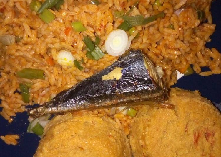 Jollof rice and moimoi