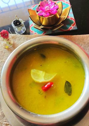 A picture of Lemon Rasam with Ghee Tadka.