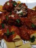 Mozzarella stuffed meatballs in tomato sauce