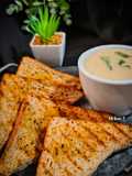 Garlic bread with mushroom soup