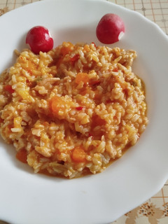 Una foto de Arroz con carne picada de pollo