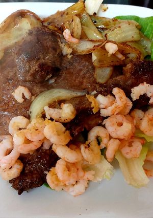A picture of My Sons favourite Surf 'n' Turf with Ribeye Steak. 😋#2Flavours.