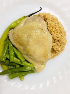 A picture of Ginger Chicken with Bulgur Pilaf and Beans, Hainanese-inspired.