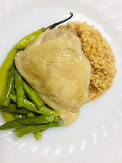 A picture of Ginger Chicken with Bulgur Pilaf and Beans, Hainanese-inspired.