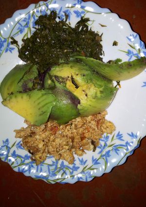A picture of Fried Eggs, Kales with Avocado.