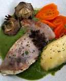 Rodaballo asado con verduras
