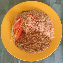 A picture of Ndengu stew, Stir fried rice, vegetable salad. #Veganmealcontest.