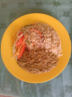 A picture of Ndengu stew, Stir fried rice, vegetable salad. #Veganmealcontest.