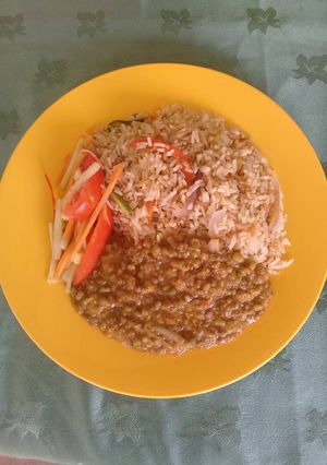 A picture of Ndengu stew, Stir fried rice, vegetable salad. #Veganmealcontest.