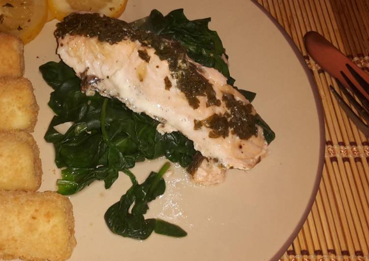 Step-by-Step Guide to Make Super Quick Homemade Simple citrus salmon on a bed of spinach w/ potatoes