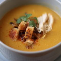 A picture of Sweet corn soup with homemade croutons- John A inspired 🥣.