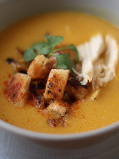 A picture of Sweet corn soup with homemade croutons- John A inspired 🥣.