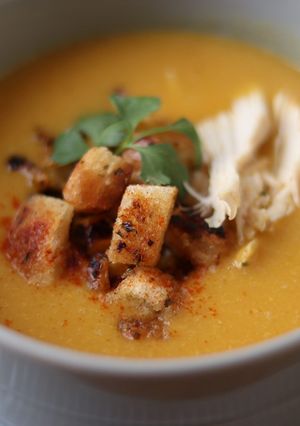 A picture of Sweet corn soup with homemade croutons- John A inspired 🥣.