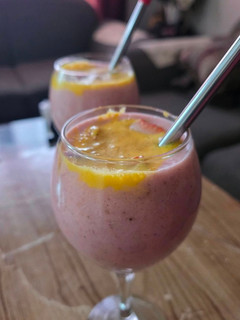 A picture of Strawberry mango lassi.