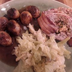 A picture of Sig's Cheese filled Meatloaf and wilted Cabbage.
