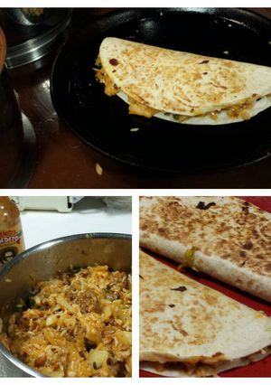 A picture of Kimchi Fried Rice Quesadilla with Chorizo .