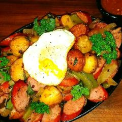 A picture of Mike's Sizzling Sausage Egg & Potato Breakfast Skillets.