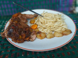 Pasta x peppered chicken with potatoes