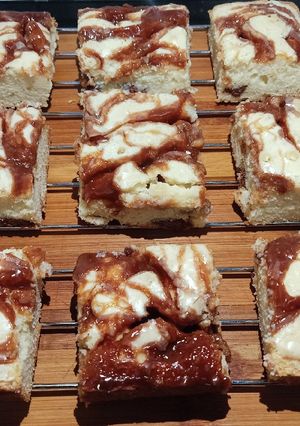 A picture of Dairy Milk Caramel Blondies 🧈🍬🍫🍫🍬.
