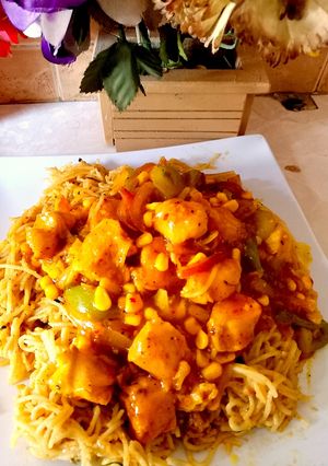 A picture of Mango Sauce sweet corn 😋😋 spaghetti 😋😋😋.