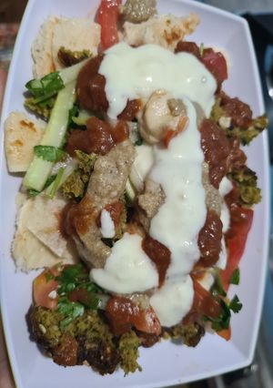 A picture of Falafel wrap / Mediterranean bowl / platter from the middle East.