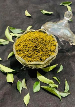 A picture of Karivepaku karam podi curry leaves powder Andhra style.