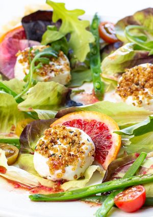 A picture of Karen's Goat Cheese Salad with Blood Orange Vinaigrette - Inspired by Alice Waters.