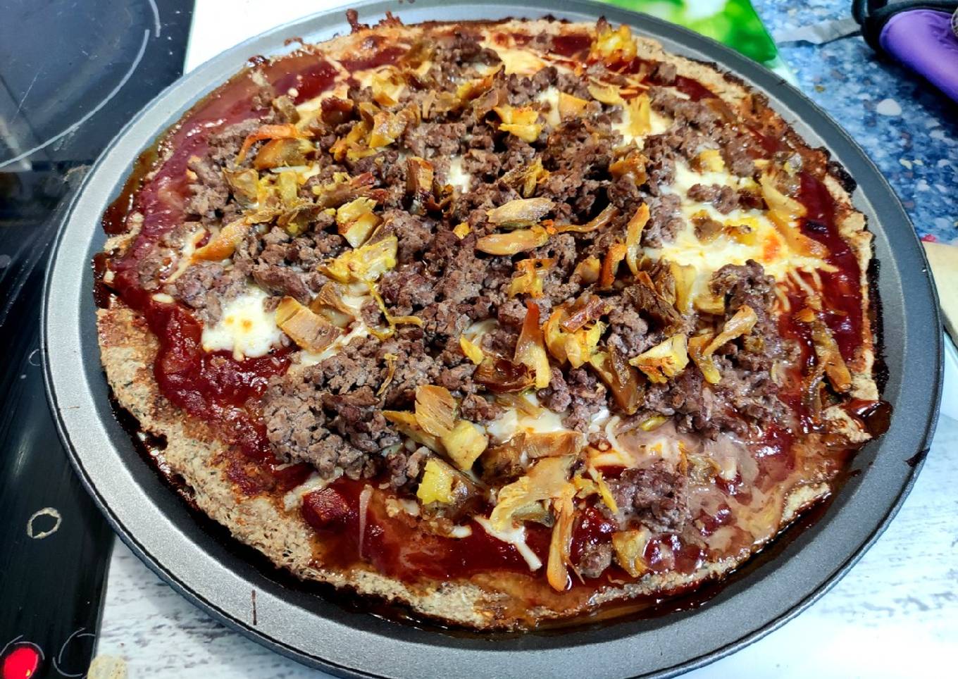 Pizza barbacoa casera integral (real food, panificadora Lidl)