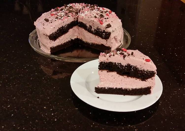 Chocolate  Layer Cake with Cherry Cheesecake Filling and Frosting
