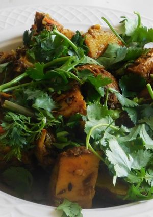 A picture of Aloo ke gutke-special potato masala curry for chapathi.