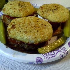 A picture of Something unique but still yummy, or pepperoni burger with cauliflower bun.