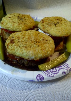 A picture of Something unique but still yummy, or pepperoni burger with cauliflower bun.