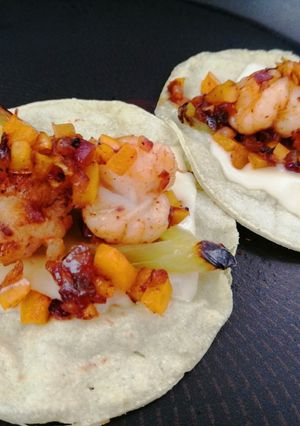 A picture of Shrimp Tacos with Anaheim Chile.