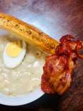 Cream of Mushroom Macaroni Soup with Herbed Dipping Bread and Bacon