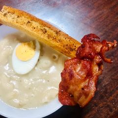 Cream of Mushroom Macaroni Soup with Herbed Dipping Bread and Bacon A picture of Cream of Mushroom Macaroni Soup with Herbed Dipping Bread and Bacon.