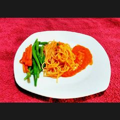A picture of Glazed Carrots and Runner Beans with Spaghetti Pomodoro.