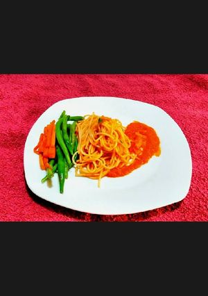 A picture of Glazed Carrots and Runner Beans with Spaghetti Pomodoro.