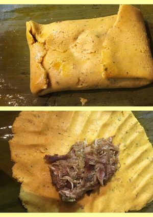 Una foto de Tamal o bollo relleno de carne y pollo estilo venezolano
